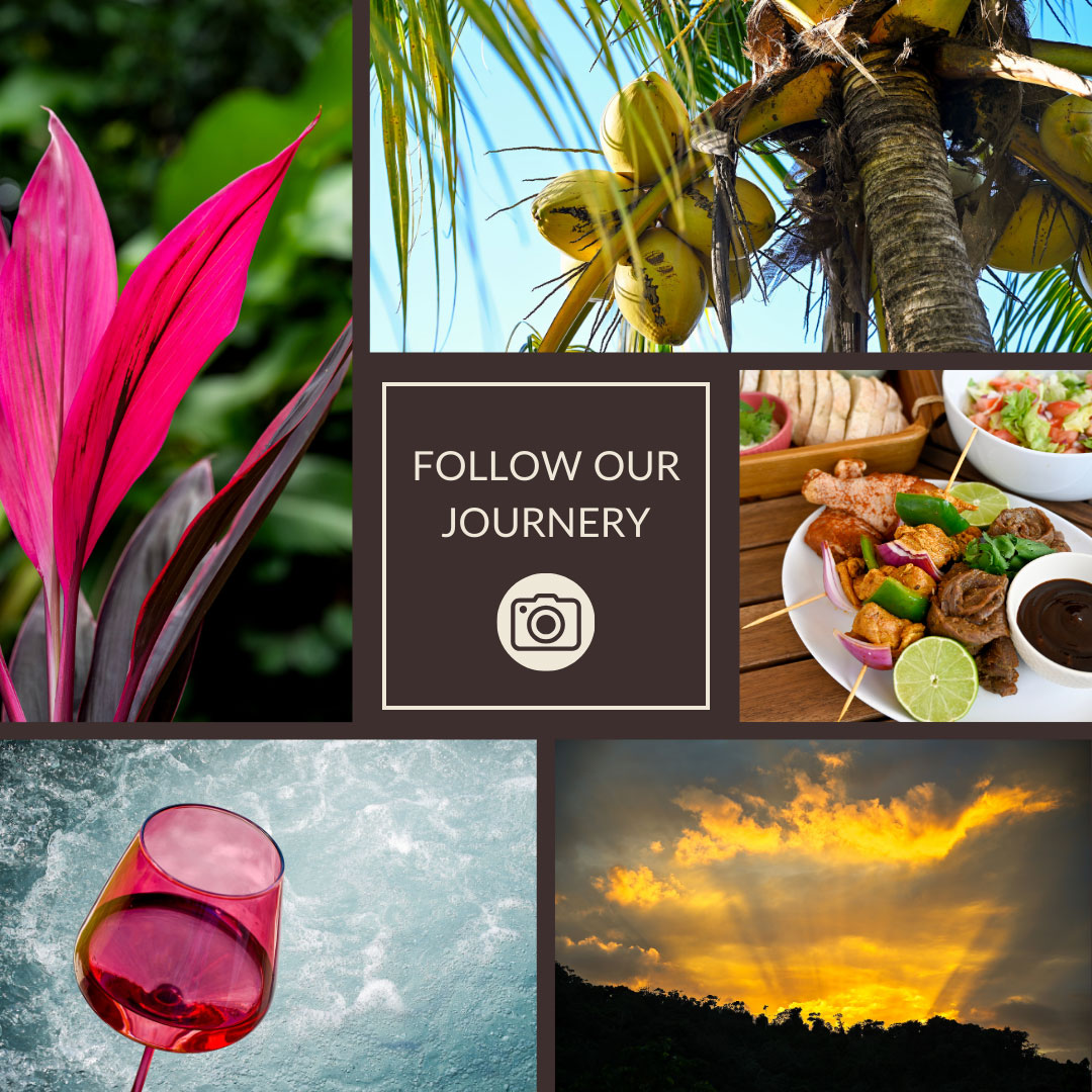 Collage inviting guests to follow Hacienda Eterna Primavera’s journey, featuring tropical plants, fresh coconuts, local cuisine, a glass of wine by the jacuzzi, and a golden sunset over the mountains.