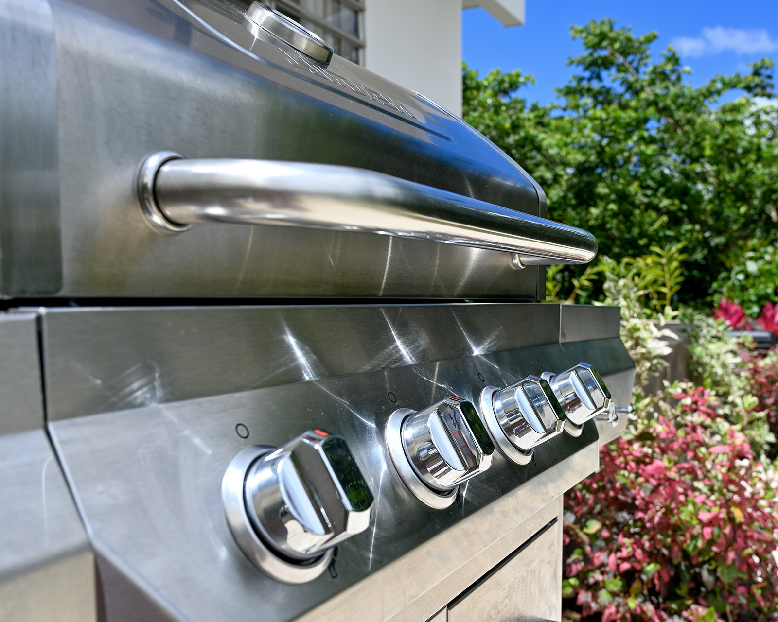 Outdoor stainless steel gas BBQ grill at Hacienda Eterna Primavera Puerto Rico part of the master suite.