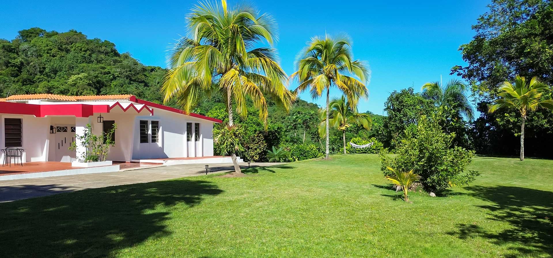 Garden lawn with palm trees and the retreat house under a bright tropical sky at Hacienda Eterna Primavera in Puerto Rico.