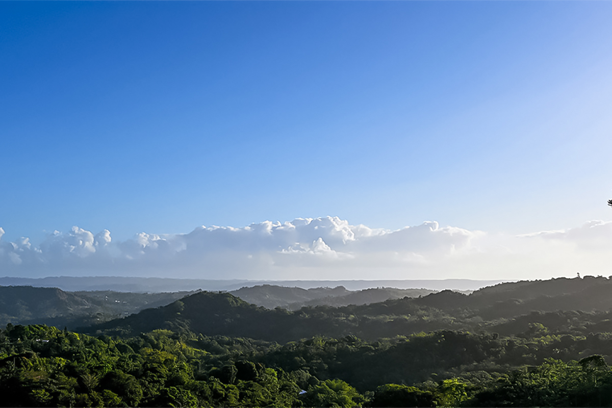 Morning view over Puerto Rico’s western mountains near Hacienda Eterna Primavera, showing lush green hills under clear blue skies