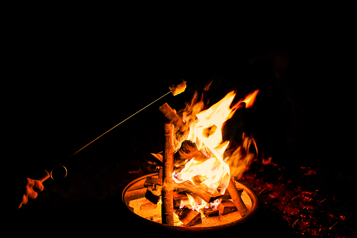 Campfire experience at Hacienda Eterna Primavera with marshmallows over an open flame at night.