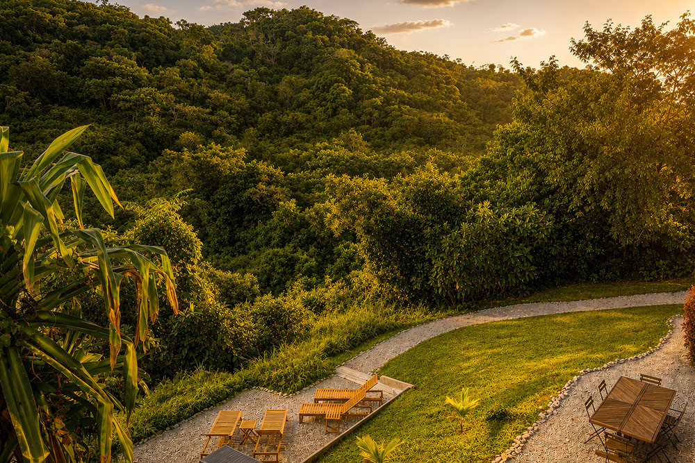 Private garden lounge area surrounded by lush tropical mountains at a peaceful Puerto Rico mountain retreat.